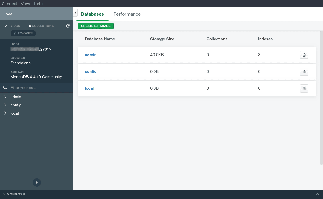 mongodb compass ubuntu: compass create db